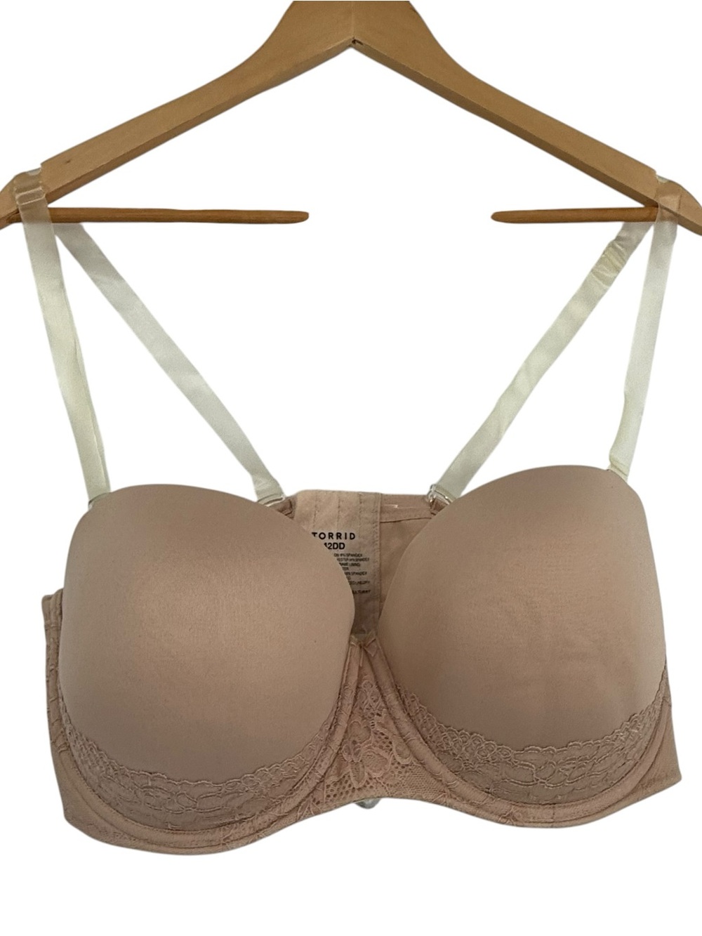 Torrid Size 42DD Tan Bra Strapless Push-Up Lace Convertible Clear-strap Nylon